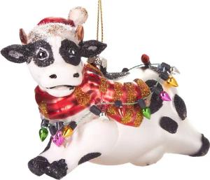 BRUBAKER Christbaumschmuck Kunstvolle Weihnachtskugel Kuh mit Lichterketten, mundgeblasene Weihnachtsdekoration aus Glas, handbemalt - 11 cm