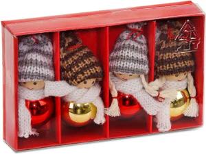 BRUBAKER Christbaumschmuck Weihnachtswichtel Set Rot Gold (4-tlg), Holz Weihnachtsanhänger und Strick, Baumdeko 8 cm Baumanhänger Wichtel