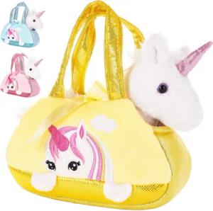 BRUBAKER Kuscheltier Einhorn Tasche Weiß 20 cm (1-St., Plüschtier in Handtasche), Glitzer Stofftier