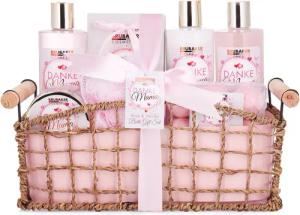 BRUBAKER Pflege-Geschenkset Danke Mama - Badeset mit Rosen Vanille Duft, Geschenk für Mama, 13-tlg., Muttertagsgeschenk Beauty Geschenkset in Korb, Mutter Pflegeset