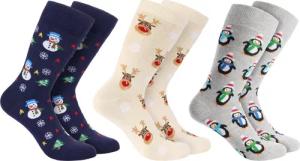 BRUBAKER Socken 3 Paar Weihnachtssocken - Lustige Socken für Damen und Herren (mit Weihnachtsmotiven - Schneemann, Rentier und Pinguine, 3-Paar, Baumwollsocken) - Blau, Beige und Grau - Geschenk Weihnachten