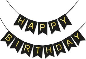 BRUBAKER Wimpelkette Happy Birthday - Geburtstag Girlande Schwarz Gold - Party Banner 5 m, Geburtstagsdeko für Erwachsene und Kinder - Geburtstagsdekoration