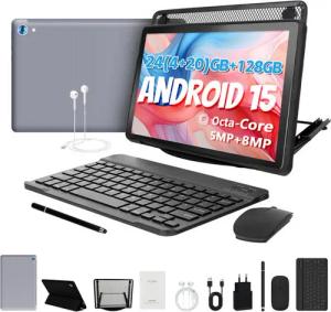 BUFO 10.1 Zoll Android 15, 24(4+20)GB+128GB, 1280x800 HD, incl. Hülle Set Tablet (10", 128 GB, Android, Octa core mit Tastatur, Stift, Maus, Hülle, Kopfhörer, WiFi 6 BT 5)