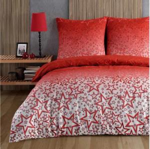 Buymax Bettwäsche Bettbezug-Set, Renforce: 100% Baumwolle, 3 teilig, 200x200 cm, mit Reißverschluss, Sterne Muster, Weiß Rot