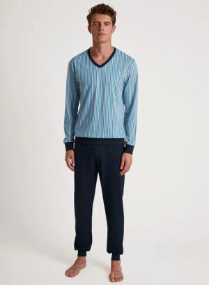 CALIDA Cotton Special Bündchen-Pyjamafür Herren, XXL, Blau, Cotton Special