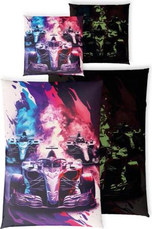 Carpe Sonno Kinderbettwäsche 135 x 200 Jungen Leuchtend Bettwäsche Kinder Rennwagen Auto + SPIELE, Renforcé, 2 teilig, GLOW IN THE DARK Bettbezug 135x200 - 100% Baumwolle
