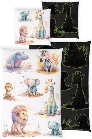 Carpe Sonno Kinderbettwäsche 135 x 200 Jungen Mädchen Leuchtende Bettwäsche Kinder Tiere Baumwolle, Renforcé, 2 teilig, GLOW IN THE DARK Bettbezug 135x200 - Löwe, Elefant, Giraffe