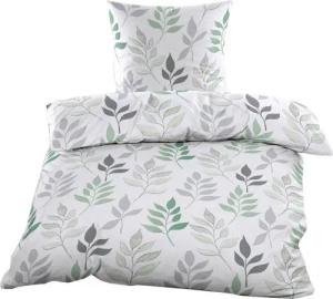 Casa Colori Bettwäsche Biber 135x200 cm 100% Baumwolle mit Reißverschluss, Biber, 2 teilig, Weiß mit Blätter und Grau & Grün