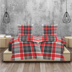 Casa Colori Bettwäsche Seersucker Bettwäsche 135x200 Reißverschluss Rot Grau kariert, Seersucker, 4 teilig, leicht