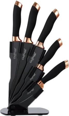 Cheffinger Messer-Set 6 tlg. Messerständer drehbar Messerblock Schwarz-Gold