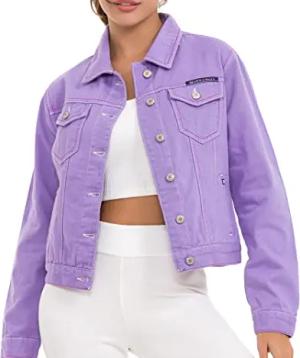 Cipo & Baxx Damen Jacke WJ212 Liliac – Stylische Jeansjacke im Casual Streetwear Look mit Knopfleiste & Brusttaschen – Übergangsjacke für Alltag & Freizeit – WJ212 Liliac XL