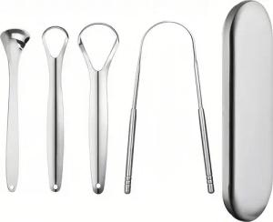 COOL-i ® Zungenreinigeraufsatz Edelstahl-Zungenreiniger Set, 4 Zungenschaber gegen Mundgeruch, wiederverwendbar & ideal für die tägliche Mundhygiene