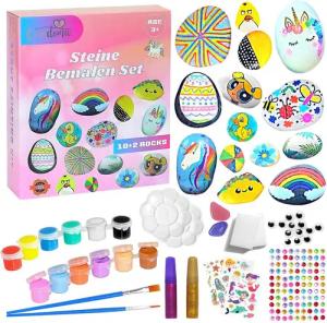 Coradoma Kreativset Steine zum Bemalen DIY Set Bastelset Kinder Malen Kreativ, (Bastelset, 10 Steine + 2 Leuchtsteine)