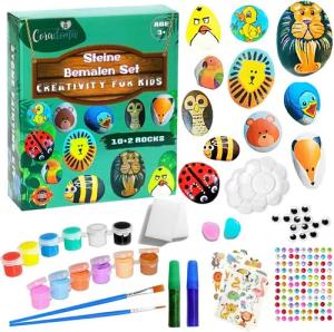 Coradoma Kreativset Steine zum Bemalen DIY Set Bastelset Kinder Malen Kreativ, (Bastelset, 10 Steine + 2 Leuchtsteine)