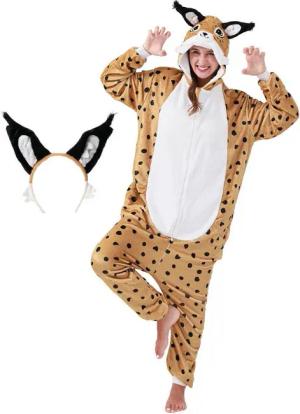Corimori Partyanzug Flauschiges Luchs-Kostüm mit Haarreif, Jumpsuit, Pyjama, Fasching, Kigurumi, Tierkostüme, Luchs Silas