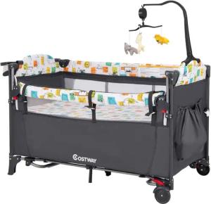 COSTWAY Baby-Reisebett 5 in1 Beistellbett, mit Matratze, höhenverstellbar