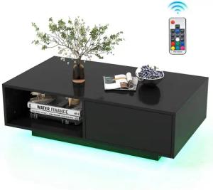 COSTWAY Couchtisch, mit 20 Farben LED-Beleuchtung, Fernbedienung, Schublade