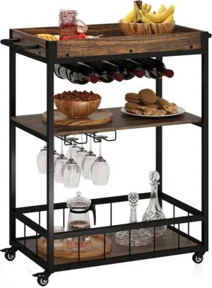 COSTWAY Küchenwagen, 3 Ebenen mit Glashalter, Weinregal & abnehmbarem Tablett