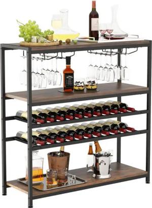 COSTWAY Weinregal, stehend, mit Glashalter & Regalen, Metall, 35x101x100cm