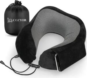 Cozyor Nackenstützkissen Memory Nackenkissen mit verstellbarem Verschluss + praktischer Tasche, Füllung: Memory Schaum Gedächtnisschaum, Bezug: waschbarer Bezug, Set, Nackenhörnchen zum Reisen, klein & kompakt, schwarz Eclipse Serie, auch im Reise-Set mit