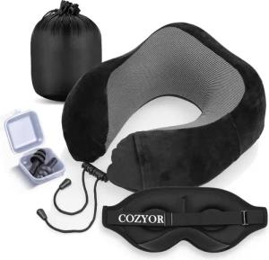 Cozyor Schlafmaske 100% Blackout-Effekt 3D Augenmaske mit ergonomischem Design, Reiseset klein & kompakt, schwarz Eclipse, Schlafmaske + Nackenkissen & Ohrstöpsel, extra Polsterung und variable Passform