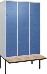 C+P Doppelstock-Spind Classic PLUS, Bank, 3 Abteile, 2120x1200x815mm, 7035/5023 Verschluss Zylinderschloss Sitzbanktyp auskragend Material Sitzfläche Buche-Hartholz