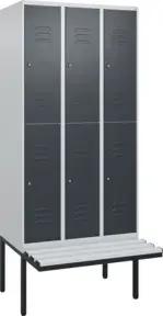 C+P Doppelstock-Spind Classic PLUS, Bank, 3 Abteile, 2120x900x815mm, 7035/7016 Verschluss Zylinderschloss Sitzbanktyp auskragend Material Sitzfläche Kunststoff