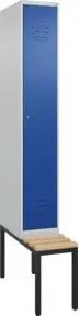 C+P Spind Classic PLUS, Bank, 1 Abteil, 2120x300x815mm, 7035/5010 Verschluss Zylinderschloss 4 Garderobenhaken Trennwand mittig  Sitzbanktyp untergebaut