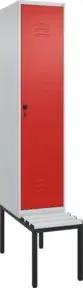 C+P Spind Classic PLUS, Bank, 1 Abteil, 2120x400x815mm, 7035/3020 Verschluss Sicherheits-Drehriegel 4 Garderobenhaken Trennwand mittig Dekor Banklatten RAL 7035 Lichtgrau Sitzbanktyp untergebaut