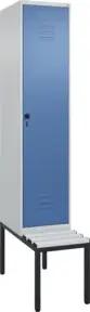 C+P Spind Classic PLUS, Bank, 1 Abteil, 2120x400x815mm, 7035/5023 Verschluss Sicherheits-Drehriegel 4 Garderobenhaken Trennwand mittig Dekor Banklatten RAL 7035 Lichtgrau Sitzbanktyp untergebaut