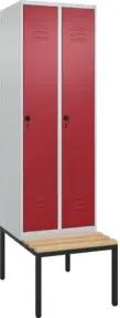 C+P Spind Classic PLUS, Bank, 2 Abteile, 2120x600x815mm, 7035/3003 Verschluss Sicherheits-Drehriegel 4 Garderobenhaken Trennwand mittig  Sitzbanktyp untergebaut
