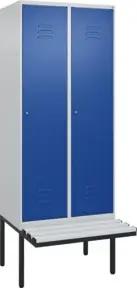 C+P Spind Classic PLUS, Bank, 2 Abteile, 2120x800x815mm, 7035/5010 Verschluss Zylinderschloss 4 Garderobenhaken Trennwand mittig Dekor Banklatten RAL 7035 Lichtgrau Sitzbanktyp auskragend