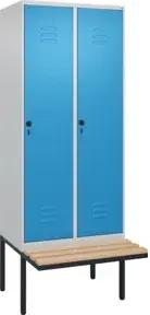 C+P Spind Classic PLUS, Bank, 2 Abteile, 2120x800x815mm, 7035/5012 Verschluss Sicherheits-Drehriegel 4 Garderobenhaken Trennwand mittig  Sitzbanktyp auskragend