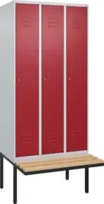 C+P Spind Classic PLUS, Bank, 3 Abteile, 2120x900x815mm, 7035/3003 Verschluss Zylinderschloss 3 Garderobenhaken   Sitzbanktyp auskragend