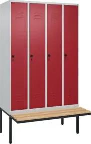 C+P Spind Classic PLUS, Bank, 4 Abteile, 2120x1200x815mm, 7035/3003 Verschluss Sicherheits-Drehriegel 4 Garderobenhaken Trennwand mittig  Sitzbanktyp auskragend