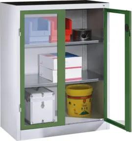 C+P Werkzeug-Beistellschrank mit Sichtfenster-Drehtüren, 2 Böden, H1200xB930xT500mm Front Resedagrün Korpus Lichtgrau