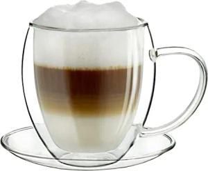 Creano Thermotasse, Extra Großes doppelwandiges Glas-mit Untersetzer, XXL Glastasse mit Henkel | 400ml im Geschenkkarton