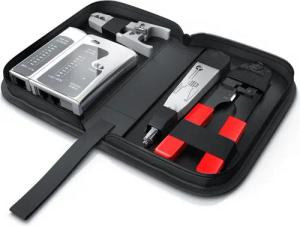 CSL Netzwerk Kabeltester für RJ45, RJ11, Telefon & Netzwerk mit Zubehör Netzwerk-Adapter RJ-45 (Ethernet) zu 2x RJ45, RJ-11, Leitungstester, Patchkabel-Tester, Abisolierer und Krimpzange