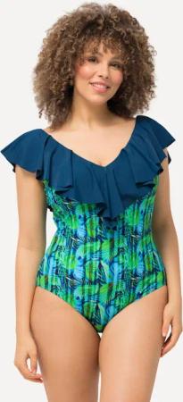 Damen Badeanzug Blüten Streifen Softcups Volant