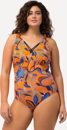 Damen Badeanzug Blüten Zierbänder Softcups