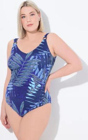 Damen Badeanzug Farnmuster Softcups Raffung recycelt