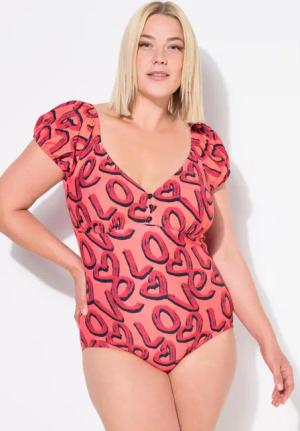 Damen Badeanzug Love-Muster Softcups Puffärmel recycelt