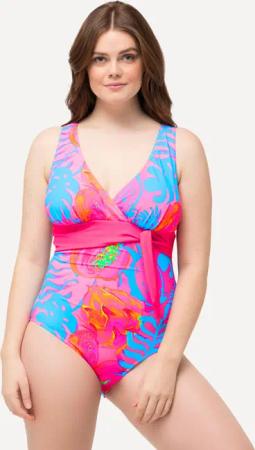 Damen Badeanzug Neondruck Zierband Softcups Neckholder-Optik