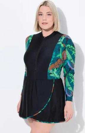 Damen Badekleid Dschungel Softcups Stehkragen Langarm