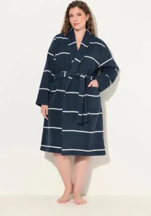 Damen Bademantel Frottee Ringel Schalkragen Langarm