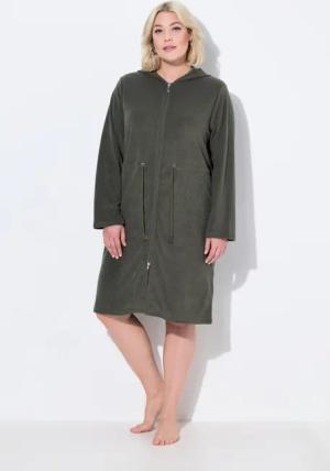 Damen Bademantel Kapuze Tunnelzug 2-Wege-Zipper Langarm