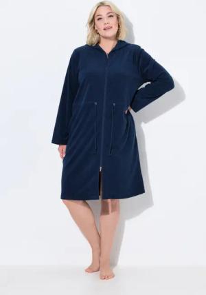 Damen Bademantel Kapuze Tunnelzug 2-Wege-Zipper Langarm