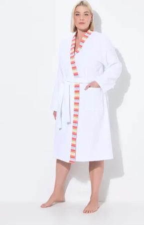 Damen Bademantel Streifenkanten Bindegürtel Langarm