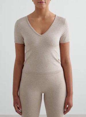 Damen Kurzarmshirt Nahtlos V-Ausschnitt Beige