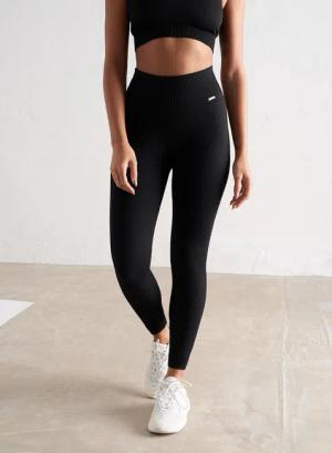 Damen Leggings Gerippt Nahtlos Schwarz